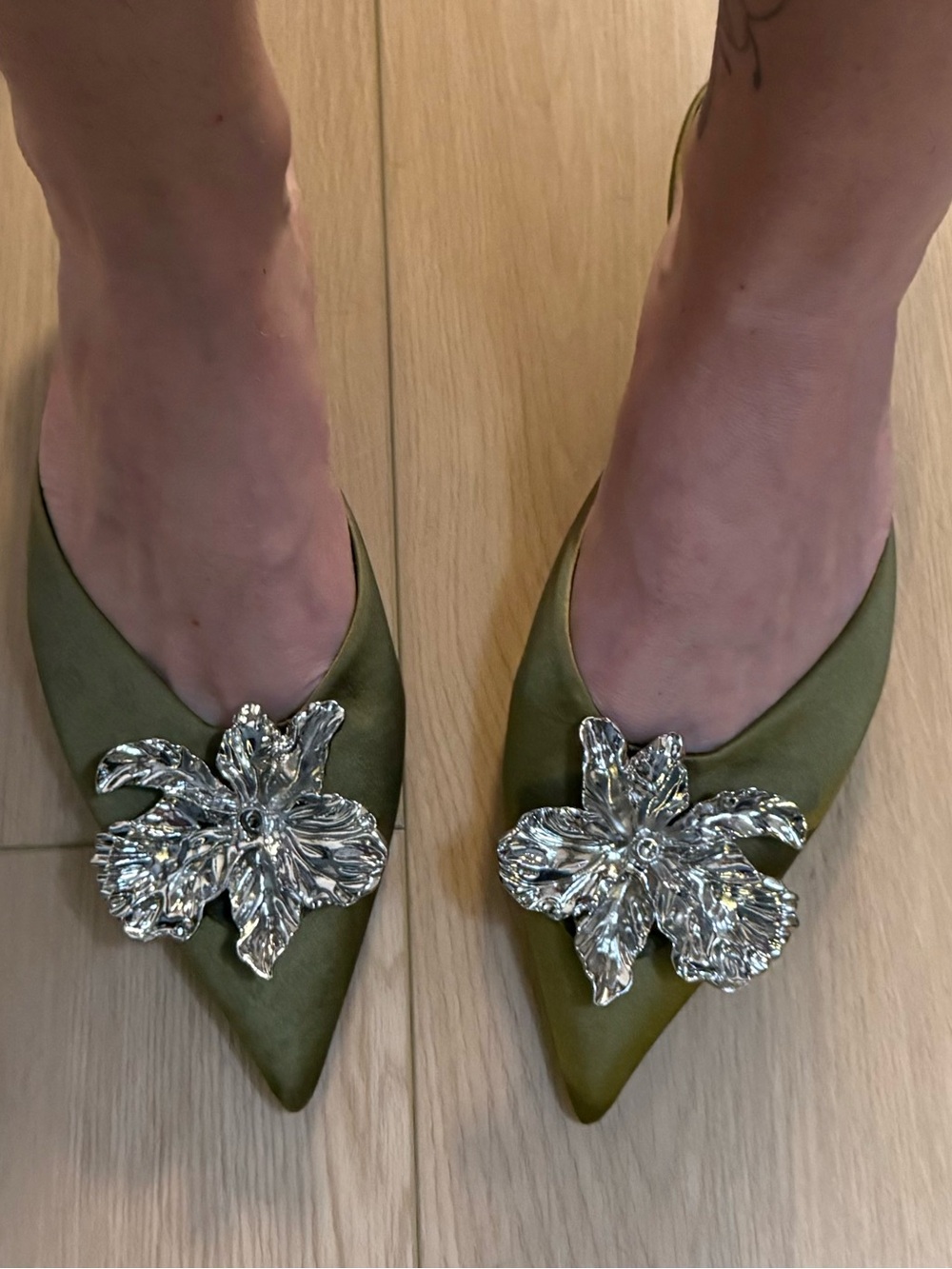 ASOS Olive Green Pointed Flats with Silver Floral Ornaments